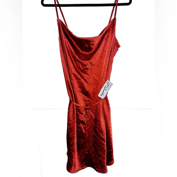 burnt orange satin mini dress AKIRA Ariana Satin Ruffled Mini Dress
